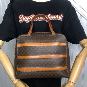 CELINE Macadam Blason Triumph Dark Brown Hand Bag Leather Stripes Authentic